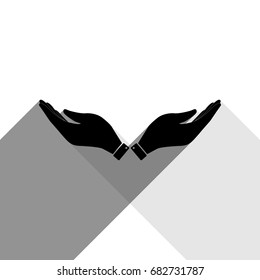 Hand sign illustration. Vector. Black icon with two flat gray shadows on white background.