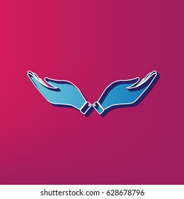 Hand sign illustration. Vector. Blue 3d printed icon on magenta background.