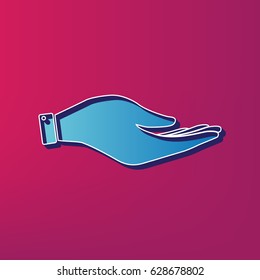 Hand sign illustration. Vector. Blue 3d printed icon on magenta background.