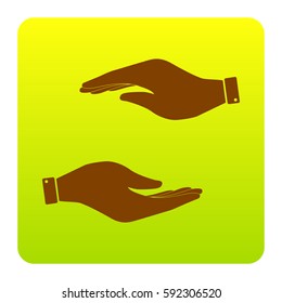 Hand sign illustration. Vector. Brown icon at green-yellow gradient square with rounded corners on white background. Isolated.