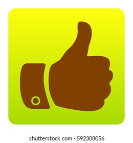 Hand sign illustration. Vector. Brown icon at green-yellow gradient square with rounded corners on white background. Isolated.