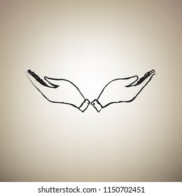 Hand sign illustration. Vector. Brush drawed black icon at light brown background.