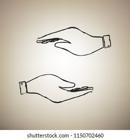 Hand sign illustration. Vector. Brush drawed black icon at light brown background.