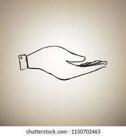 Hand sign illustration. Vector. Brush drawed black icon at light brown background.