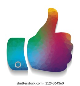 Hand sign illustration. Vector. Colorful icon with bright texture of mosaic with soft shadow on white background. Isolated.