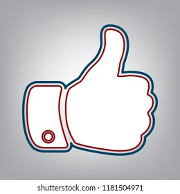 Hand sign illustration. Vector. Dark red, transparent and midnight green stroke of white icon at grayish background.