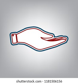 Hand sign illustration. Vector. Dark red, transparent and midnight green stroke of white icon at grayish background.