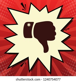 Hand sign illustration. Vector. Dark red icon in lemon chiffon shutter bubble at red popart background with rays.