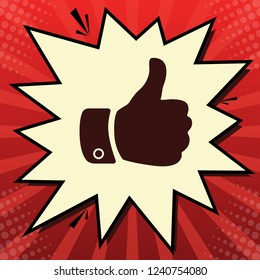 Hand sign illustration. Vector. Dark red icon in lemon chiffon shutter bubble at red popart background with rays.
