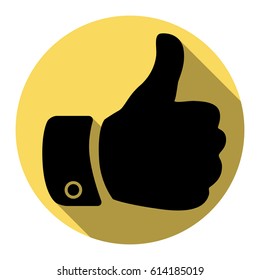 Hand sign illustration. Vector. Flat black icon with flat shadow on royal yellow circle with white background. Isolated.