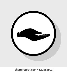 Hand sign illustration. Vector. Flat black icon in white circle with shadow at gray background.