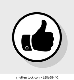 Hand sign illustration. Vector. Flat black icon in white circle with shadow at gray background.
