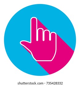 Hand sign illustration. Vector. Flat white icon with mexican pink shadow inside sky blue circle at white background. Isolated. Trend colors in 2017.