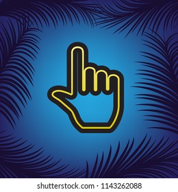 Hand sign illustration. Vector. Golden icon with black contour at blue background with branches of palm trees.