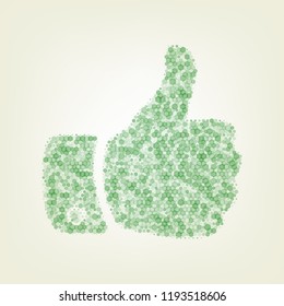 Hand sign illustration. Vector. Green hexagon rastered icon and noised opacity and size at light green background with central light.
