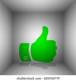 Hand sign illustration. Vector. Green icon with shadow in the room.