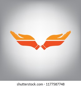 Hand sign illustration. Vector. Horizontally sliced icon with colors from sunny gradient in gray background.