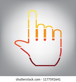 Hand sign illustration. Vector. Horizontally sliced icon with colors from sunny gradient in gray background.