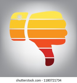 Hand sign illustration. Vector. Horizontally sliced icon with colors from sunny gradient in gray background.