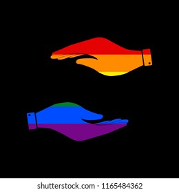 Hand sign illustration. Vector. Icon with colors of LGBT flag at black background.