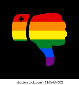 Hand sign illustration. Vector. Icon with colors of LGBT flag at black background.