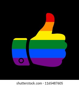 Hand sign illustration. Vector. Icon with colors of LGBT flag at black background.