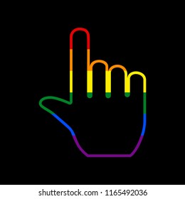 Hand sign illustration. Vector. Icon with colors of LGBT flag at black background.