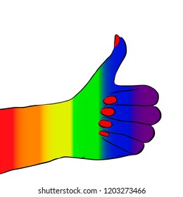 Hand sign illustration. Vector. Icon with colors of LGBT flag at black background.