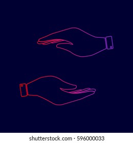Hand sign illustration. Vector. Line icon with gradient from red to violet colors on dark blue background.