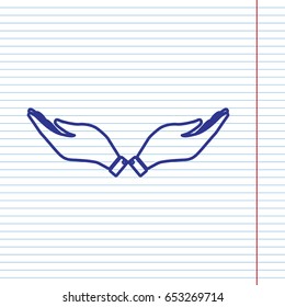 Hand sign illustration. Vector. Navy line icon on notebook paper as background with red line for field.