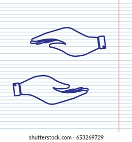 Hand sign illustration. Vector. Navy line icon on notebook paper as background with red line for field.