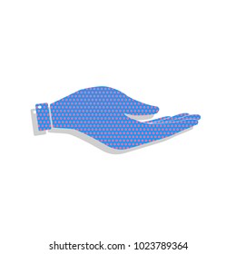 Hand sign illustration. Vector. Neon blue icon with cyclamen polka dots pattern with light gray shadow on white background. Isolated.