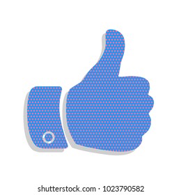Hand sign illustration. Vector. Neon blue icon with cyclamen polka dots pattern with light gray shadow on white background. Isolated.
