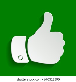 Hand sign illustration. Vector. Paper whitish icon with soft shadow on green background.