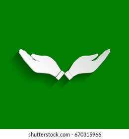 Hand sign illustration. Vector. Paper whitish icon with soft shadow on green background.