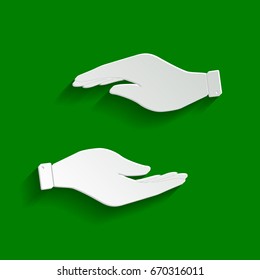 Hand sign illustration. Vector. Paper whitish icon with soft shadow on green background.