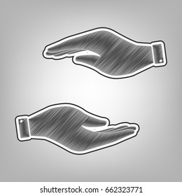 Hand sign illustration. Vector. Pencil sketch imitation. Dark gray scribble icon with dark gray outer contour at gray background.