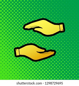 Hand sign illustration. Vector. Pop art orange to yellow dots-gradient icon with black contour at greenish background.