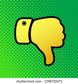 Hand sign illustration. Vector. Pop art orange to yellow dots-gradient icon with black contour at greenish background.
