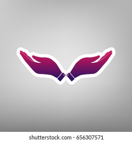 Hand sign illustration. Vector. Purple gradient icon on white paper at gray background.