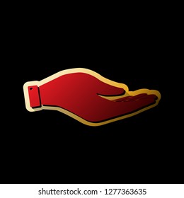Hand sign illustration. Vector. Red icon with small black and limitless shadows at golden sticker on black background.