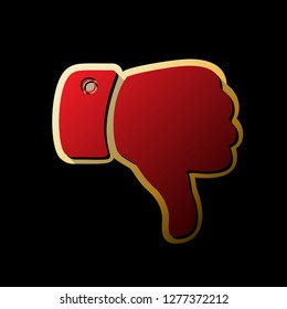 Hand sign illustration. Vector. Red icon with small black and limitless shadows at golden sticker on black background.