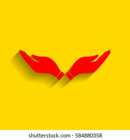 Hand sign illustration. Vector. Red icon with soft shadow on golden background.