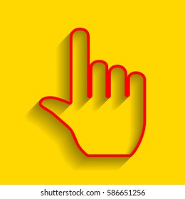 Hand sign illustration. Vector. Red icon with soft shadow on golden background.