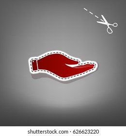 Hand sign illustration. Vector. Red icon with for applique from paper with shadow on gray background with scissors.
