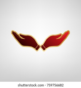 Hand sign illustration. Vector. Red icon on gold sticker at light gray background.