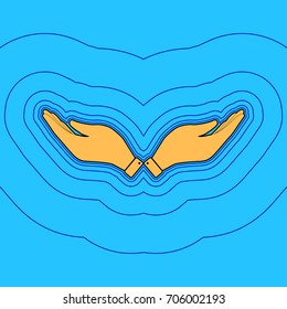 Hand sign illustration. Vector. Sand color icon with black contour and equidistant blue contours like field at sky blue background. Like waves on map - island in ocean or sea.
