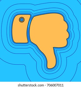 Hand sign illustration. Vector. Sand color icon with black contour and equidistant blue contours like field at sky blue background. Like waves on map - island in ocean or sea.
