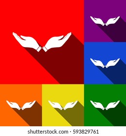Hand sign illustration. Vector. Set of icons with flat shadows at red, orange, yellow, green, blue and violet background.
