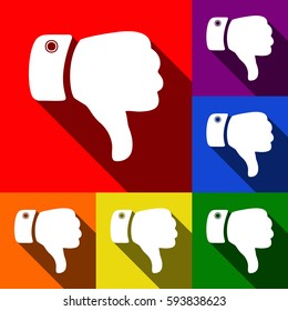 Hand sign illustration. Vector. Set of icons with flat shadows at red, orange, yellow, green, blue and violet background.